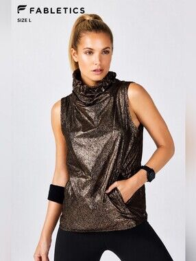 Fabletics Sleeveless Hooded Top Metallic Bronze Athleisure Nylon Size L